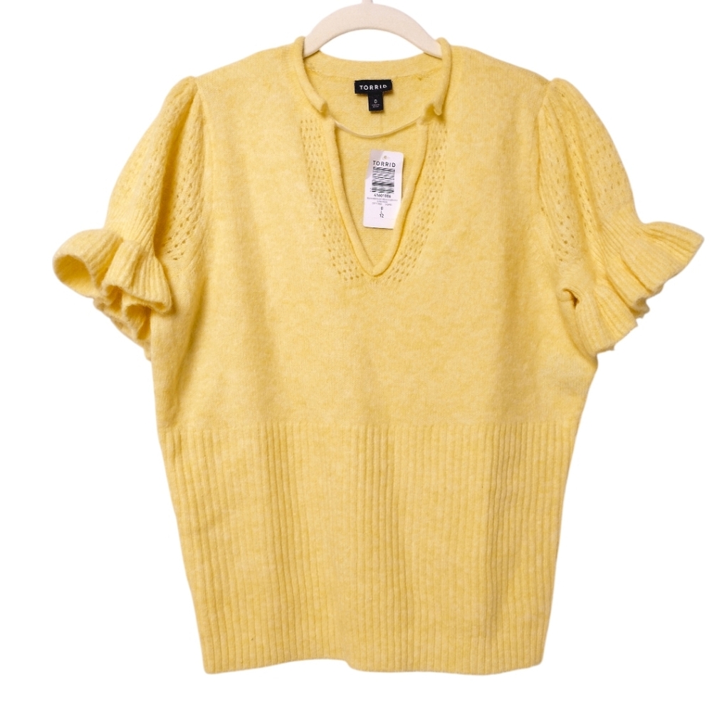Torrid Vegan Cashmere Pullover V-Neck Ruffle Sleeve Pullover Sweater Size 0/L/12